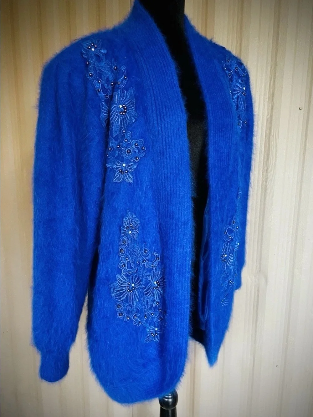 VTG 80% Angora Royal Blue Cardigan Sweater Jacket Beaded 80s Korea Puff Slv XL